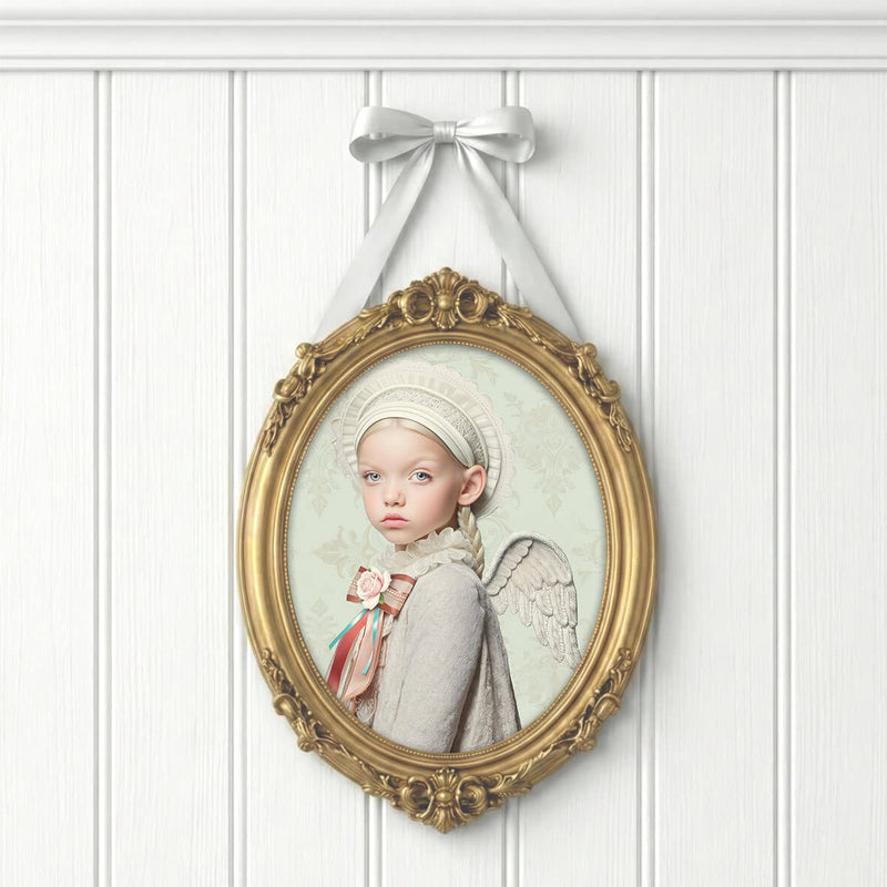 Sprookjesachtige angel art print van meisje met vleugels in ovale vintage lijst aan witte wand met zachte romantische details en pastelkleuren.