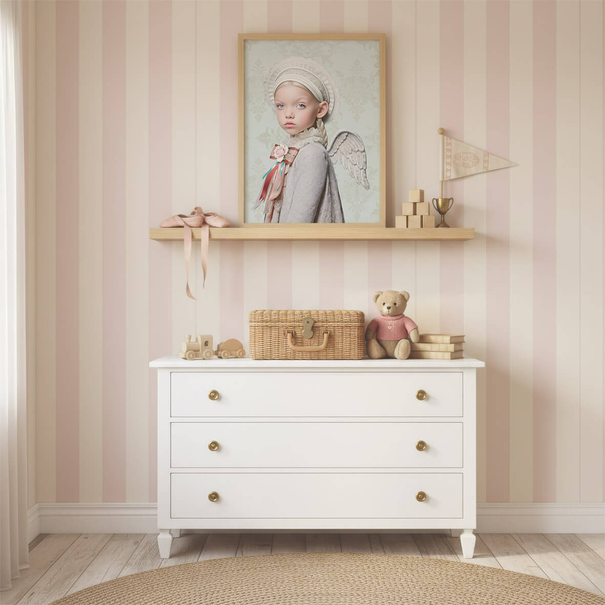 Zachte angel art print van meisje met vleugels in lichte vintage kinderkamer met pastelroze strepen, houten details en romantische sfeer.
