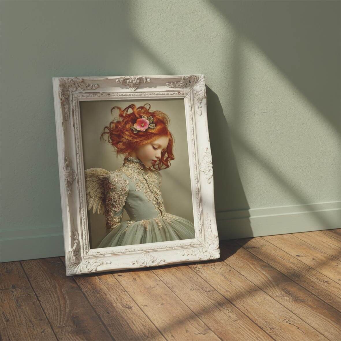 Vintage ingelijste angel art print van roodharig meisje met vleugels in zachte sprookjesachtige stijl op houten vloer tegen warme groene muur.
