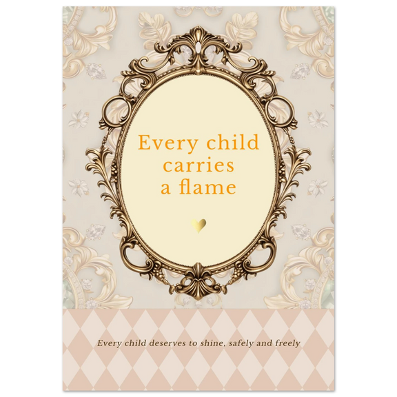 Fijne kinderrechten art print met gouden omlijsting en de quote “Every child carries a flame” op zachte vintage achtergrond