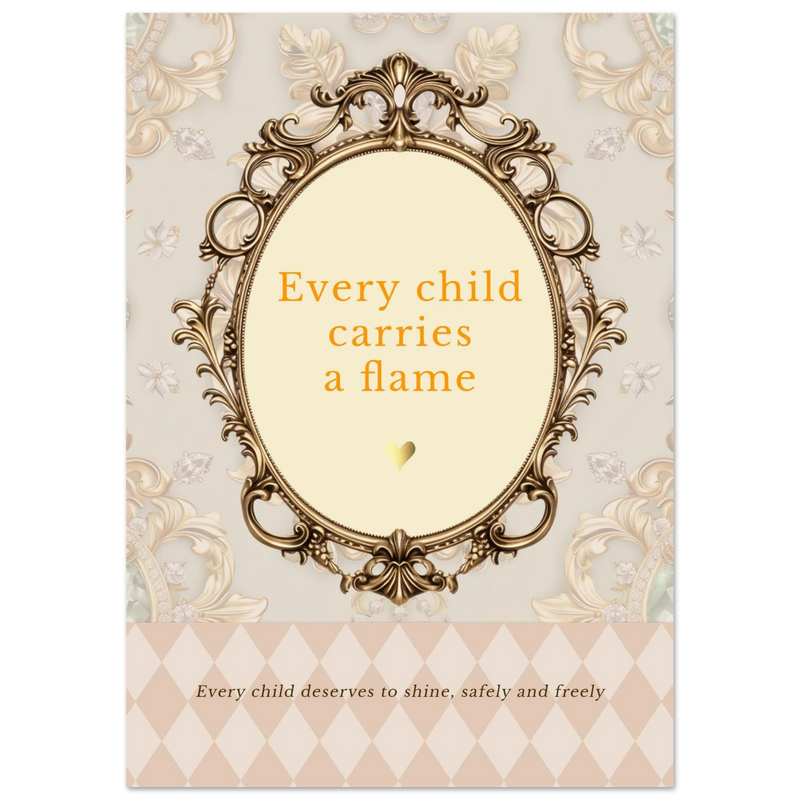 Fijne kinderrechten art print met gouden omlijsting en de quote “Every child carries a flame” op zachte vintage achtergrond