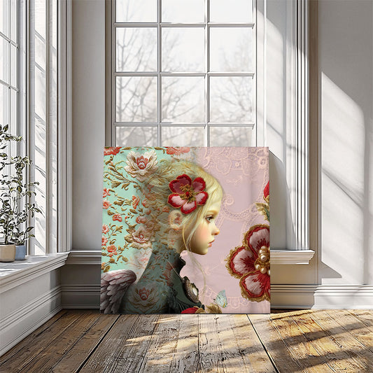 Collage art canvas In Lagen van Belinda Jordens – Colored Angels Art, gelaagd kunstwerk met vrouwelijk profiel, engelenvleugels en bloemrijke patronen. Een mix van schildering, textuur en symboliek, gepresenteerd in een zacht verlicht interieur.