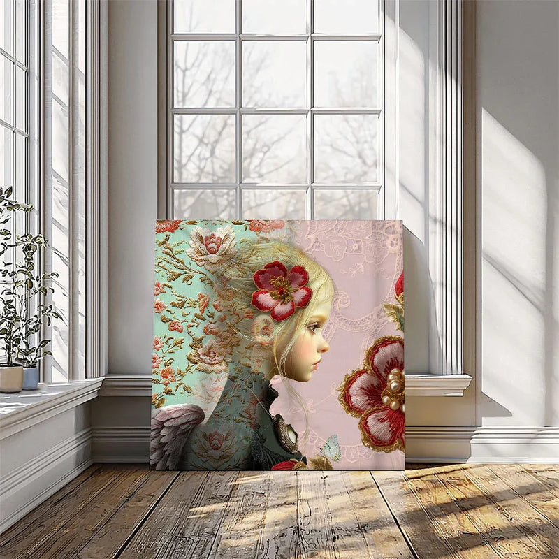 Collage art canvas In Lagen van Belinda Jordens – Colored Angels Art, gelaagd kunstwerk met vrouwelijk profiel, engelenvleugels en bloemrijke patronen. Een mix van schildering, textuur en symboliek, gepresenteerd in een zacht verlicht interieur.