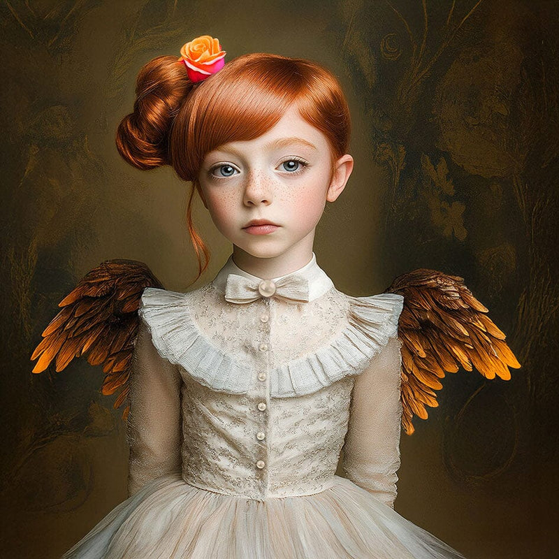 Art print engel met oranje vleugels, barokke jurk en rood haar