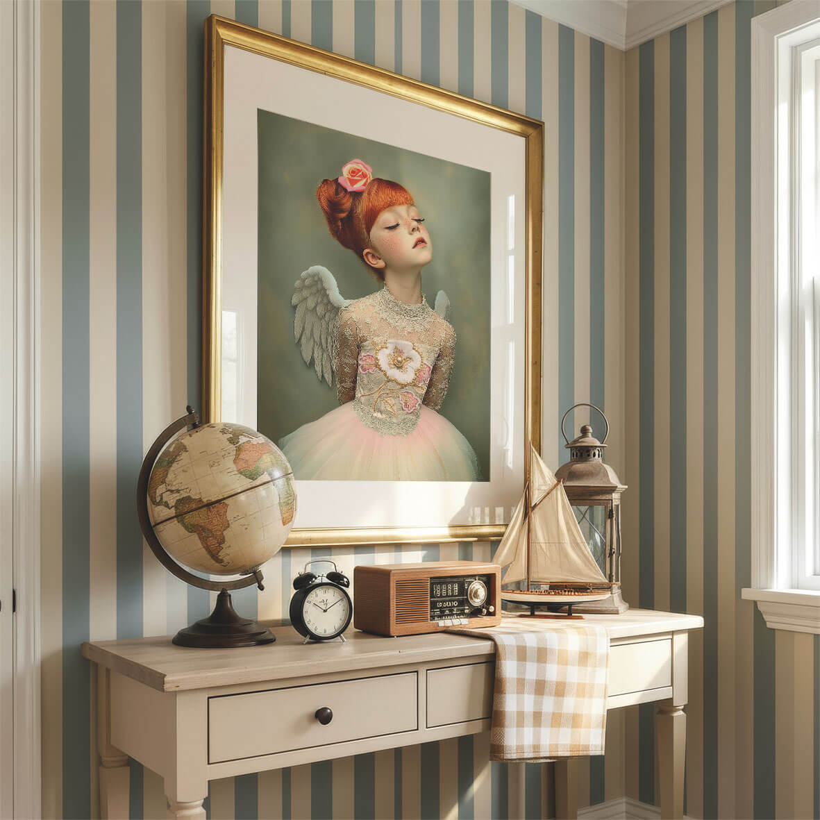 Elegante angel art print van roodharig meisje met vleugels in gouden lijst binnen warm vintage interieur met gestreepte wand en klassieke decoratie.