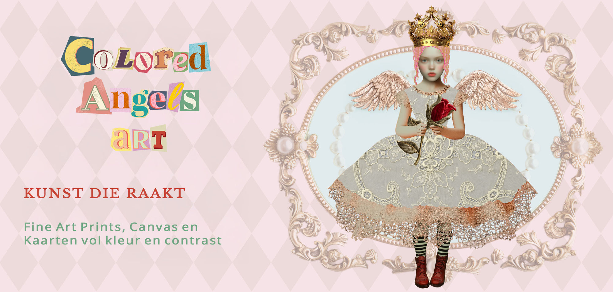 Banner voor homepage met geruite achtergrond. Logo Colored Angels Art en afbeelding Angel