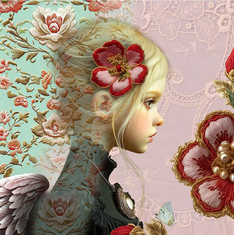 Art print engel in lagen zichtbaar met roze bloemen