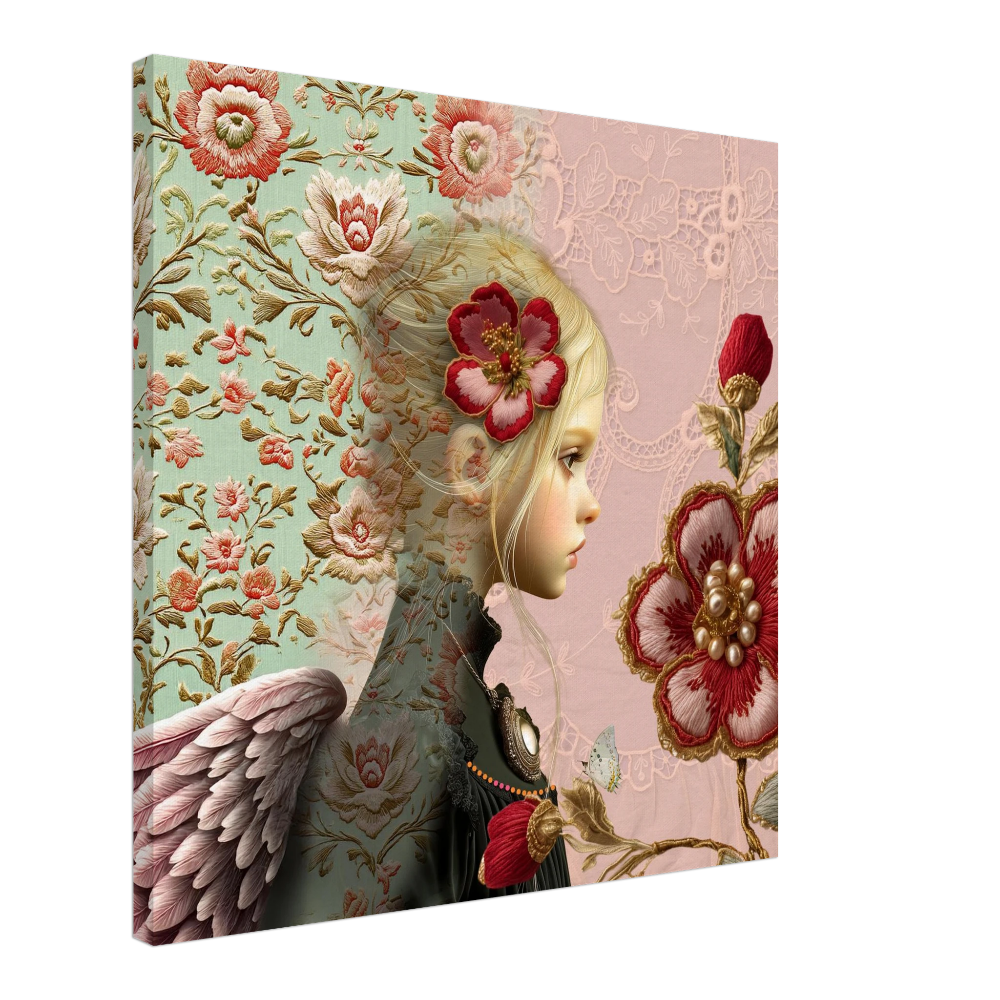 Canvas engel in stoflagen met roze bloemen