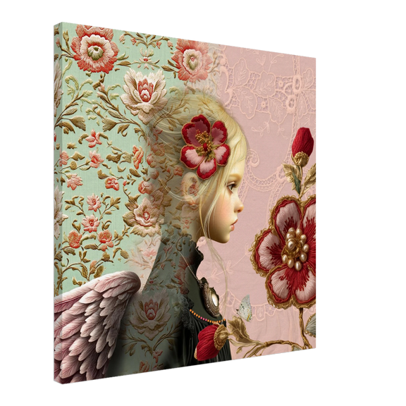 Canvas engel in stoflagen met roze bloemen
