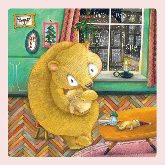 Luxe kerstkaart Mama Bear – illustratie van moederbeer met kind in warm winterinterieur voor liefdevolle kerstwensen
