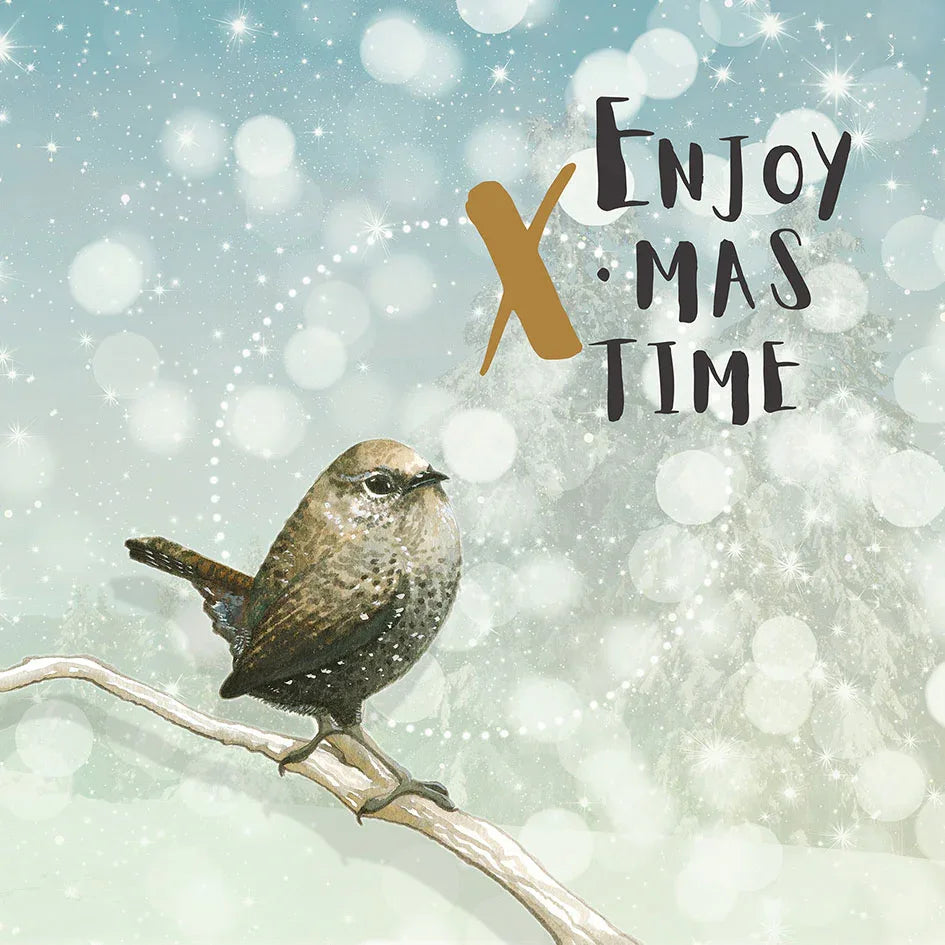 Kerstkaart Winterkoninkje – luxe vierkante kerstkaart met wintervogel, set van 10