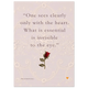 Fine art quote print met tekst uit The Little Prince op zachte kanten achtergrond en kleine rode roos