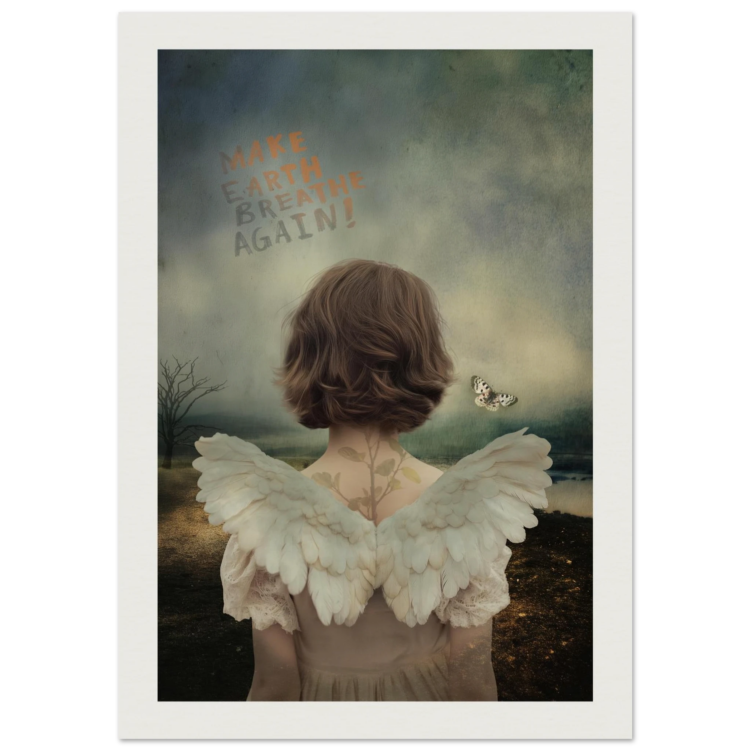 Fine art print van meisje met engelenvleugels gezien van achteren, landschap in zachte aardetinten met de tekst “Make Earth Breathe Again”, symbolisch kunstwerk over natuur, kwetsbaarheid en hoop