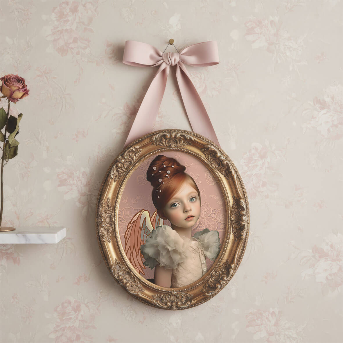 Romantische angel art print van meisje met vleugels in sierlijke ovale vintage lijst tegen zachte bloemenwand met pastelroze details en sprookjesachtige sfeer.