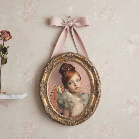 Romantische angel art print van meisje met vleugels in sierlijke ovale vintage lijst tegen zachte bloemenwand met pastelroze details en sprookjesachtige sfeer.