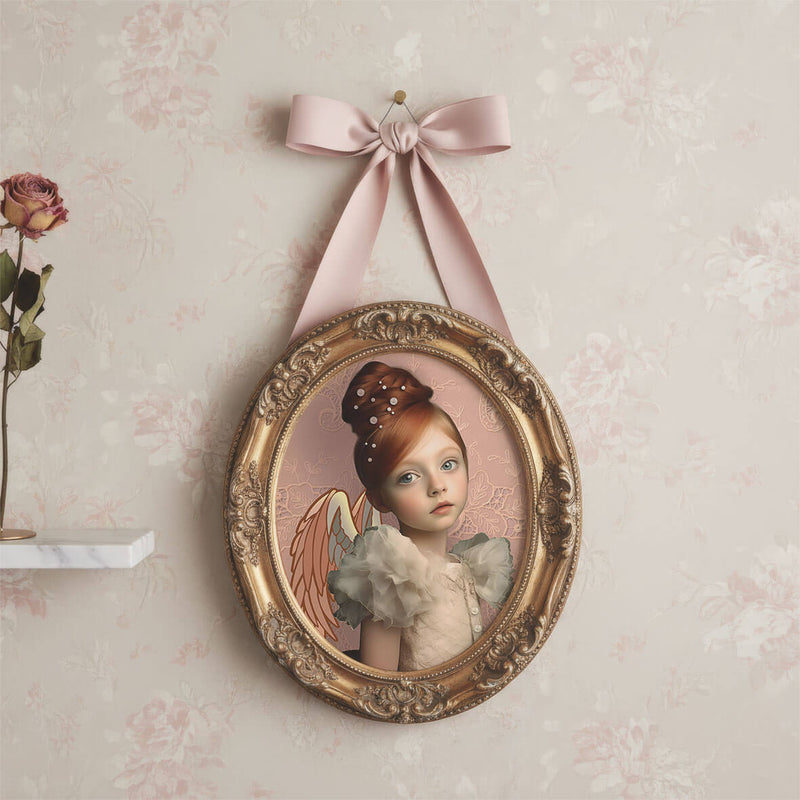 Romantische angel art print van meisje met vleugels in sierlijke ovale vintage lijst tegen zachte bloemenwand met pastelroze details en sprookjesachtige sfeer.