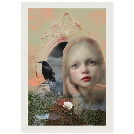 Fine art print met meisjesportret, zwarte raaf en spiegel in zachte pastelkleuren, symbolisch kunstwerk over observatie, herinnering en innerlijke beleving