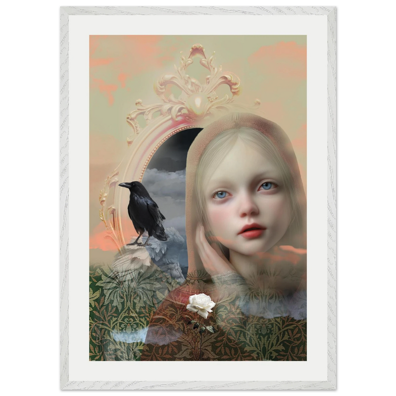 Ingelijste fine art print met meisjesportret, zwarte raaf en spiegel, symbolisch kunstwerk in zachte tinten over kijken, herinnering en innerlijke wereld
