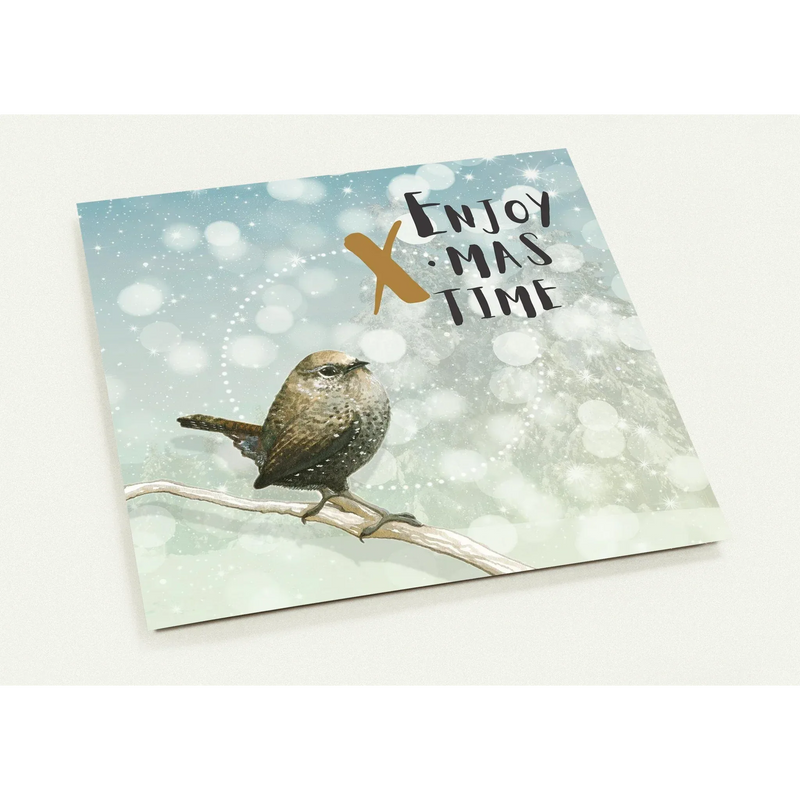 Kerstkaart Winterkoninkje – luxe vierkante kerstkaart met wintervogel, set van 10