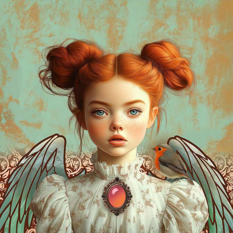 Fine art portret van Anne met engelenvleugels, rood haar in knotjes en een roodborstje op haar schouder, in zachte vintage kleuren.