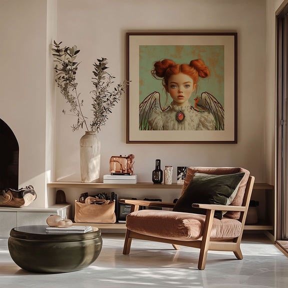 Fine art portret Anne – engelachtige wandkunst met rood haar, subtiele vleugels en serene uitstraling in een warm interieur.