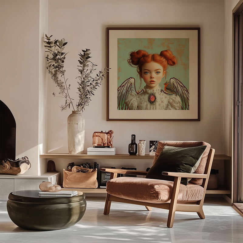 Fine art portret Anne – engelachtige wandkunst met rood haar, subtiele vleugels en serene uitstraling in een warm interieur.