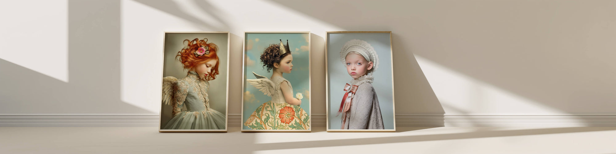 drie schilderijen met art print van Cate, Flore en Carmen