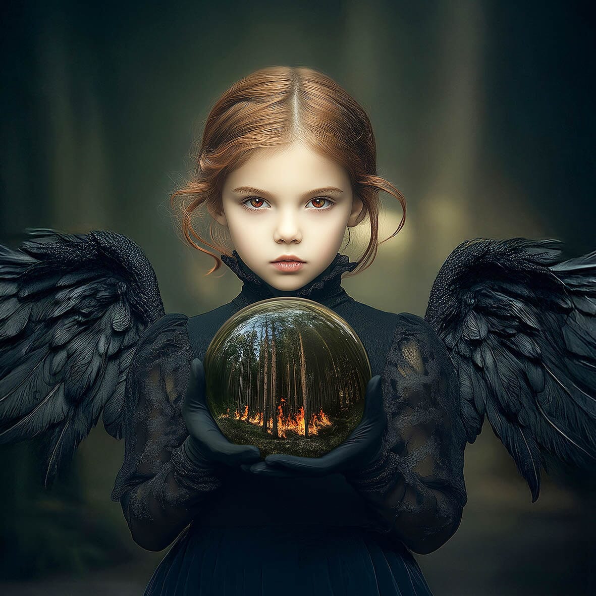 Fine art portret van een jong meisje met zwarte engelenvleugels, dat een glazen bol vasthoudt waarin een brandend bos zichtbaar is; onderdeel van de Black Angels collectie met een dramatische, mystieke sfeer.