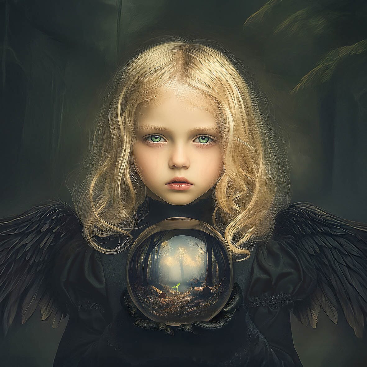 Fine art portret van een jong meisje met zwarte engelenvleugels, dat een glazen bol vasthoudt waarin een dor bos en een ontkiemend plantje te zien zijn; onderdeel van de Black Angels collectie met een symbolische, hoopvolle sfeer.