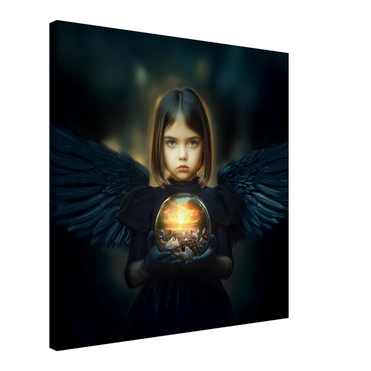 Kind met zwarte engelenvleugels dat een glazen bol vasthoudt met een vervuilde zee vol afval