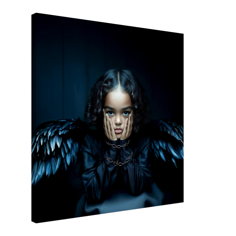 Fine art portret van een jong meisje met zwarte engelenvleugels, donkere kleding en vastgeketende handen, onderdeel van de Black Angels collectie met een intense, dramatische sfeer.