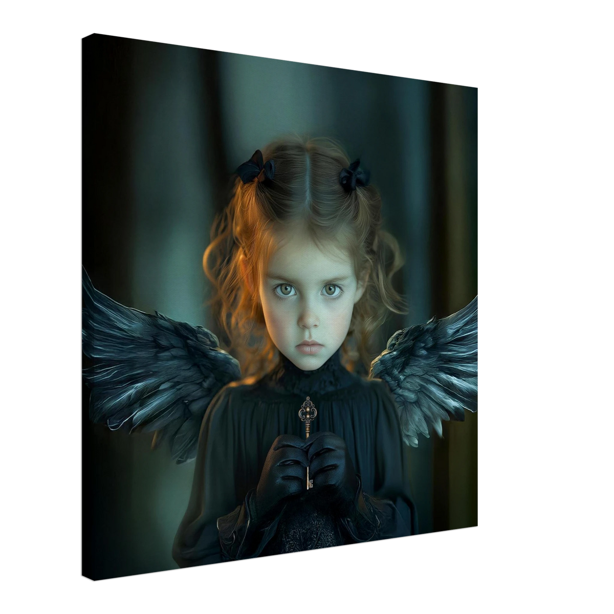 Sfeervol fine art portret van een jong meisje met zwarte engelenvleugels, donkere jurk en een sleutel in haar handen, onderdeel van de Black Angels collectie.