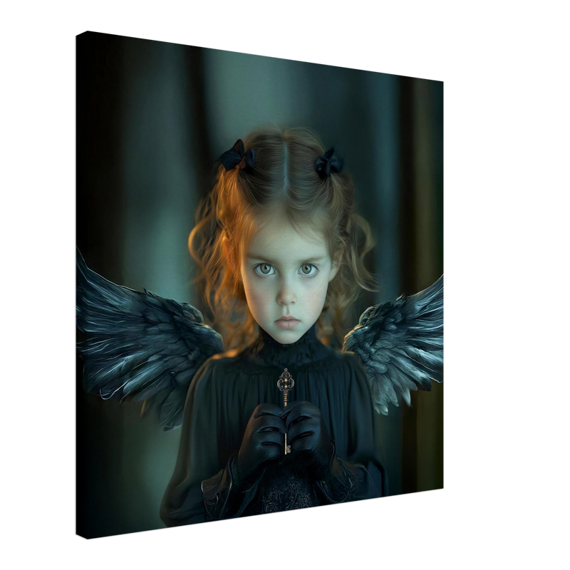 Sfeervol fine art portret van een jong meisje met zwarte engelenvleugels, donkere jurk en een sleutel in haar handen, onderdeel van de Black Angels collectie.