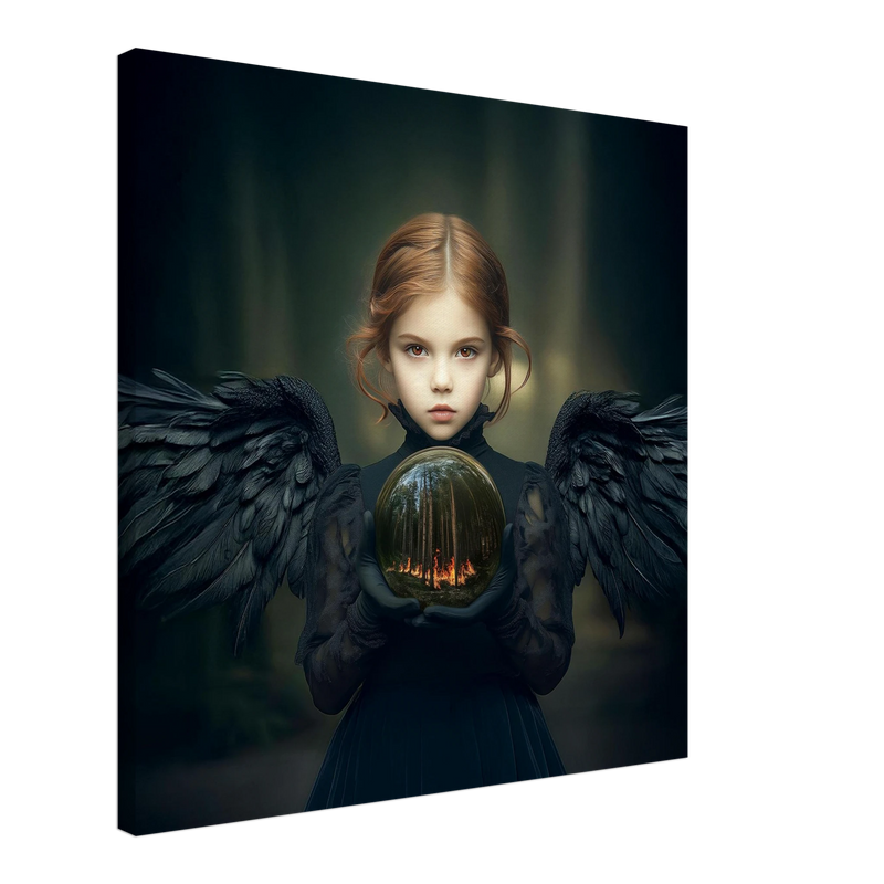 Kind met zwarte engelenvleugels dat een glazen bol vasthoudt met een brandend bos