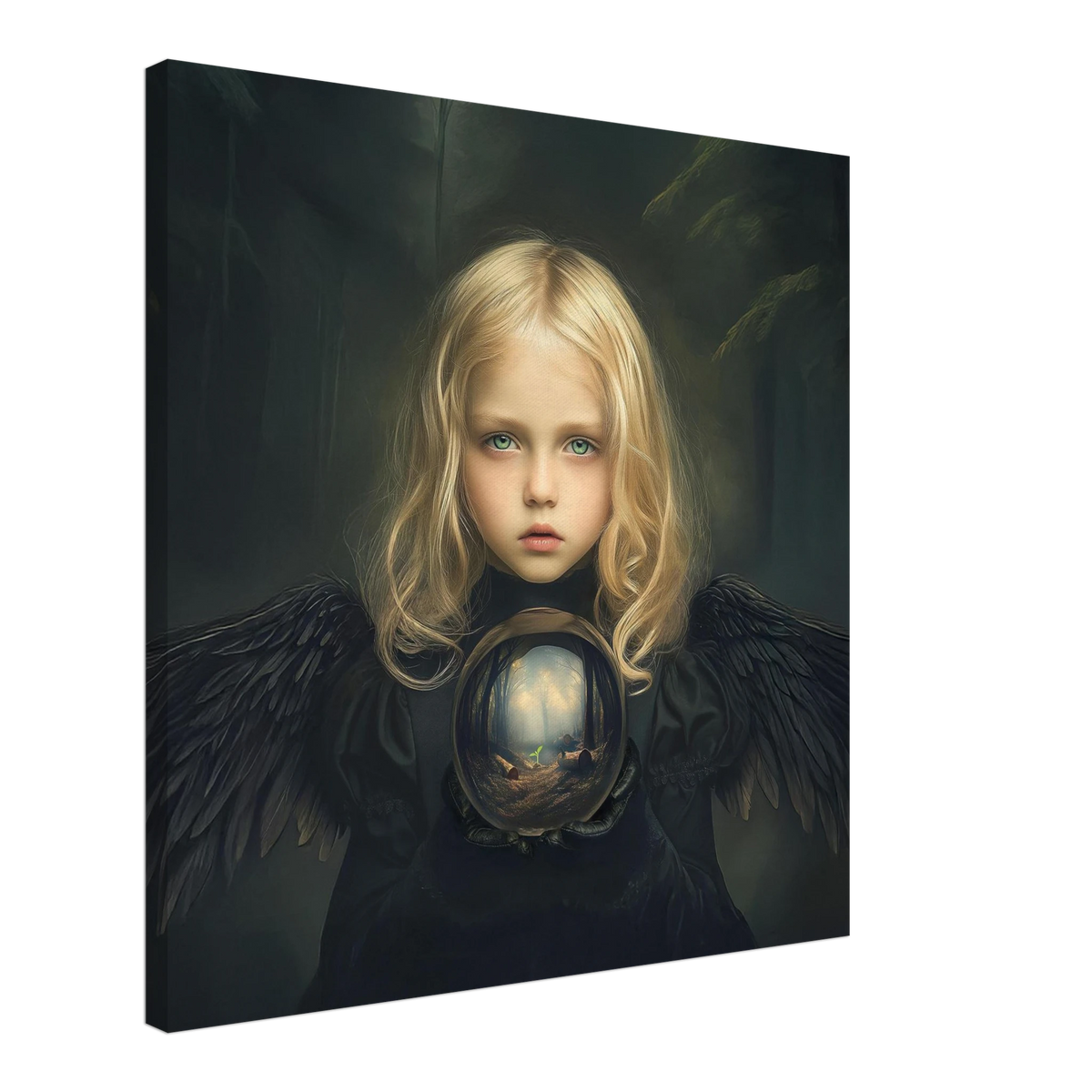 Kind met zwarte engelenvleugels dat een glazen bol vasthoudt met een dor bos en ontkiemende natuur