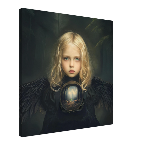 Kind met zwarte engelenvleugels dat een glazen bol vasthoudt met een dor bos en ontkiemende natuur