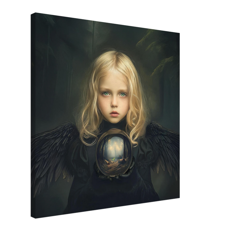 Kind met zwarte engelenvleugels dat een glazen bol vasthoudt met een dor bos en ontkiemende natuur