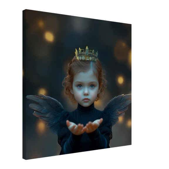 Fine art portret van een jong meisje met zwarte engelenvleugels en gouden kroon, die haar handen naar voren houdt in een warme, magische sfeer; onderdeel van de Black Angels collectie.