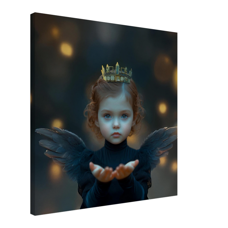 Fine art portret van een jong meisje met zwarte engelenvleugels en gouden kroon, die haar handen naar voren houdt in een warme, magische sfeer; onderdeel van de Black Angels collectie.