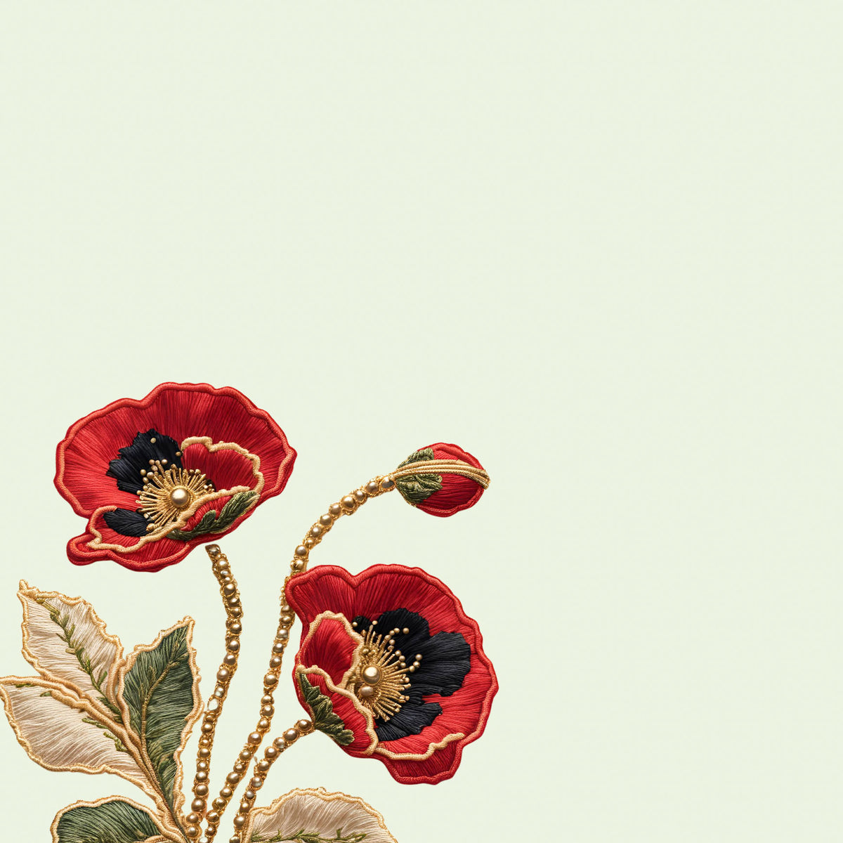 Geborduurde rode klaprozen op een lichtgroene achtergrond