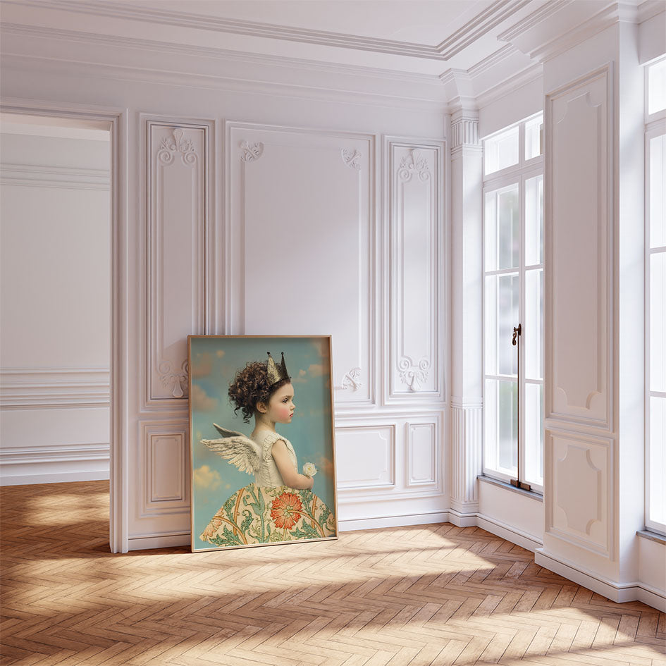 Mock-up van de Flore engel art print in een klassiek, licht interieur; meisje met kroon, vleugels en bloemenjurk, geplaatst tegen een wolkenlucht.