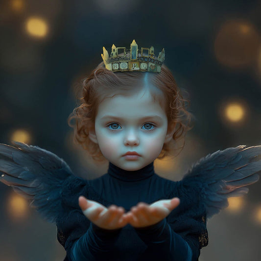 Kind met zwarte engelenvleugels, gouden kroon en uitgestoken handen voor donkere dromerige achtergrond