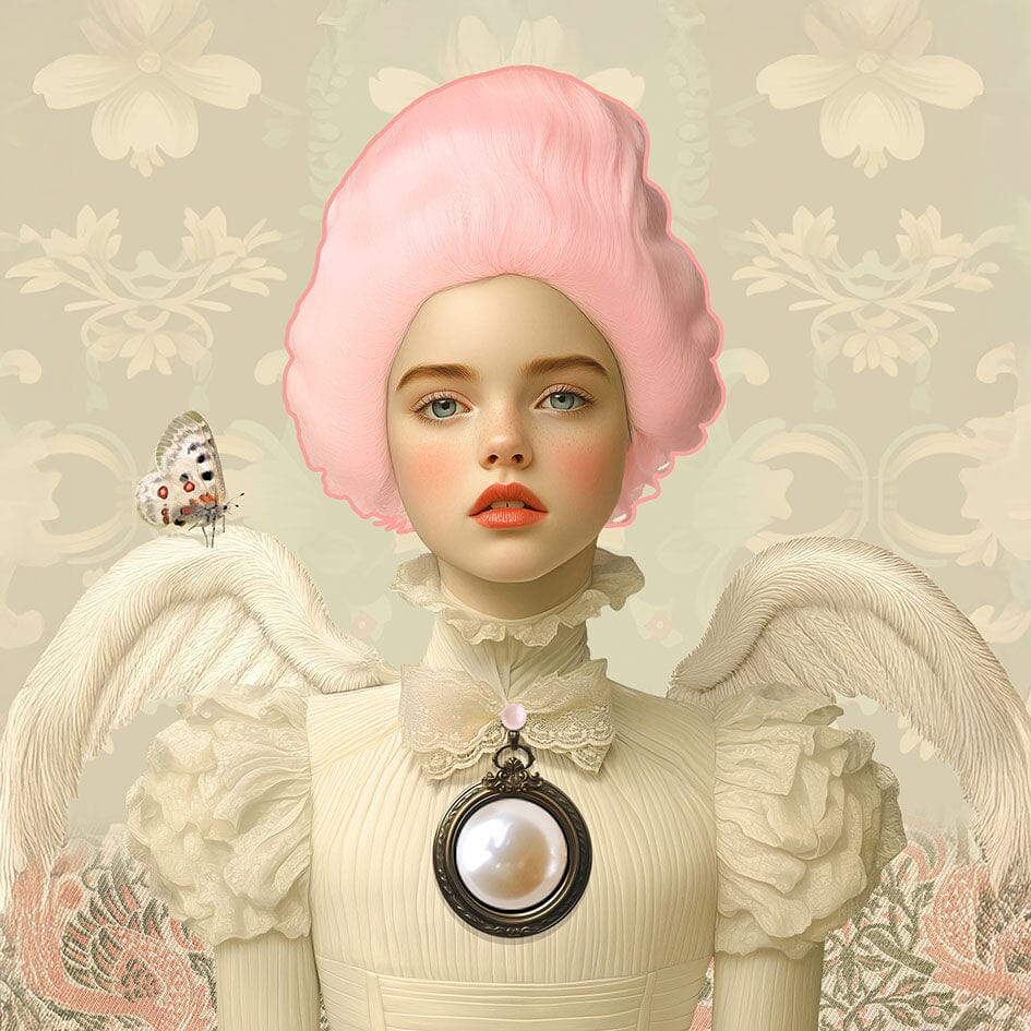 Meisje met witte vleugels, roze pruik en beige Victoriaanse jurk voor sierlijke achtergrond