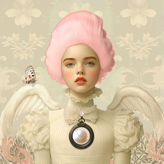 Meisje met witte vleugels, roze pruik en beige Victoriaanse jurk voor sierlijke achtergrond