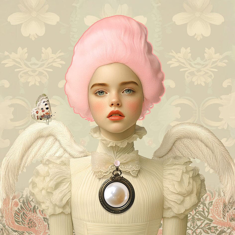 Meisje met witte vleugels, roze pruik en beige Victoriaanse jurk voor sierlijke achtergrond