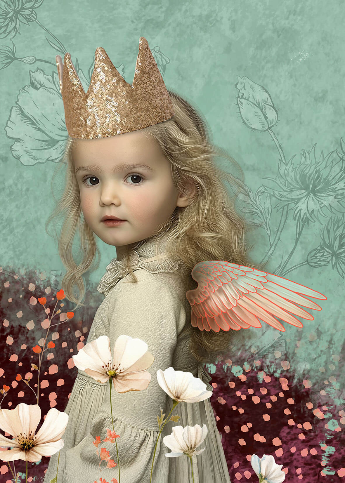 Fine art portret van een jong meisje in sprookjesstijl met gouden kroon, pastelroze engelenvleugels en bloemen, onderdeel van de Little Spirits collectie.