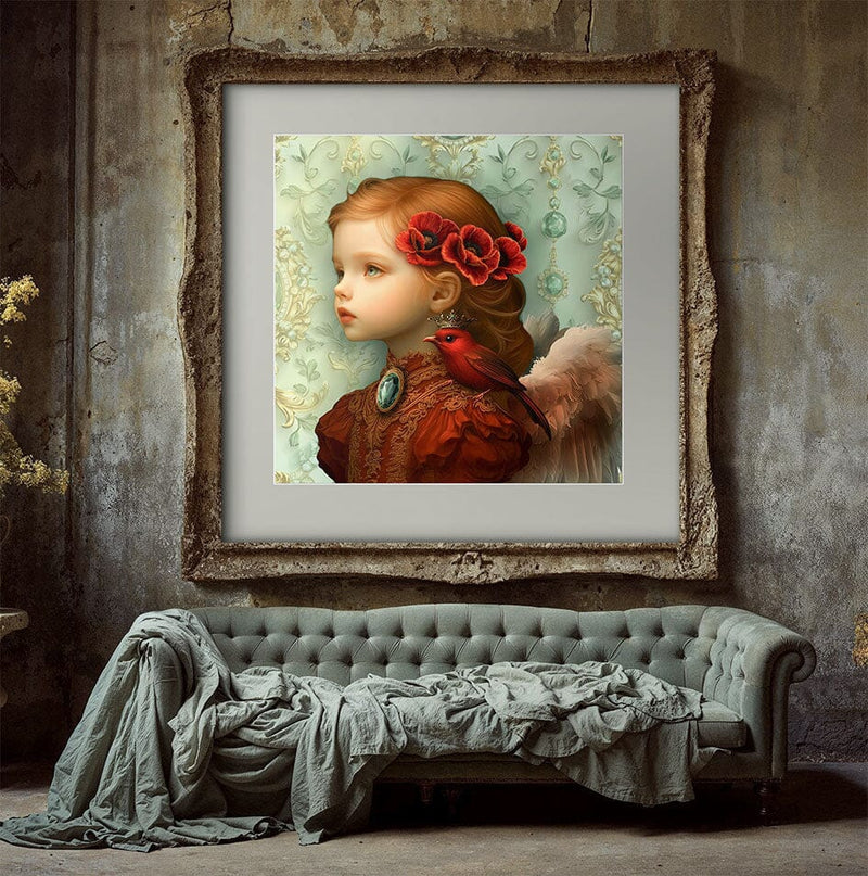 Art print van meisje met vleugels en rode vogel aan de muur in een landelijk interieur