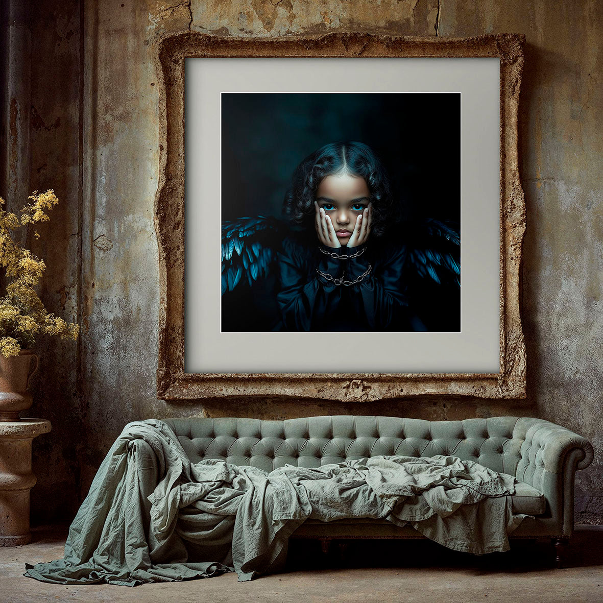 Mock-up van de Black Angel of Freedom art print, met een engel in donkere blauwtinten, weergegeven in een verweerd klassiek interieur met vintage bank.