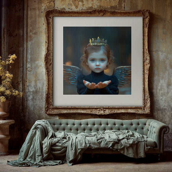 Mock-up van de Black Angel of Hope art print, met een jong meisje met kroon en uitgestoken handen, gepresenteerd in een verweerd klassiek interieur met vintage banken 