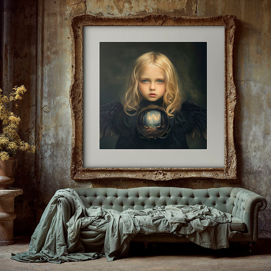 Mock-up van de Black Angel of the Earth art print, met een jong meisje dat een glazen bol vasthoudt waarin een dor bos en een ontkiemend plantje zichtbaar zijn, geplaatst in een verweerd klassiek interieur met vintage bank.